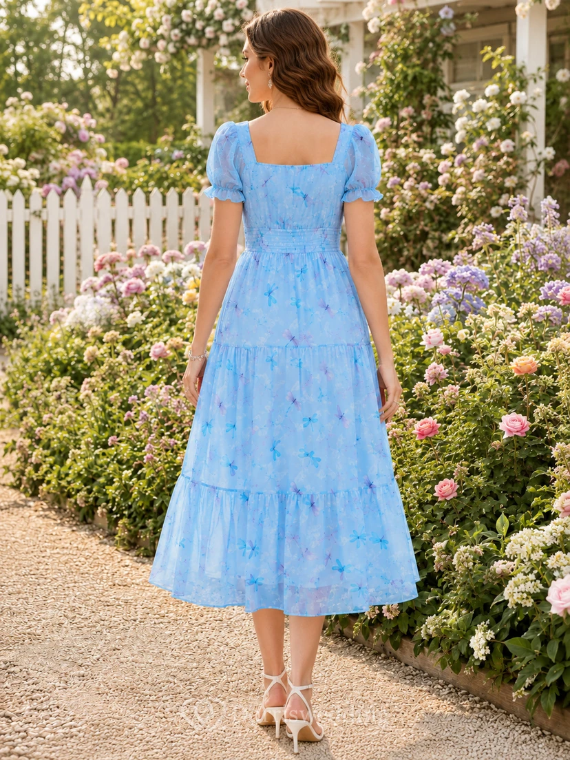 Vestido midi escalonado con cuello cuadrado y mangas abullonadas con estampado de libélulas azules view 2