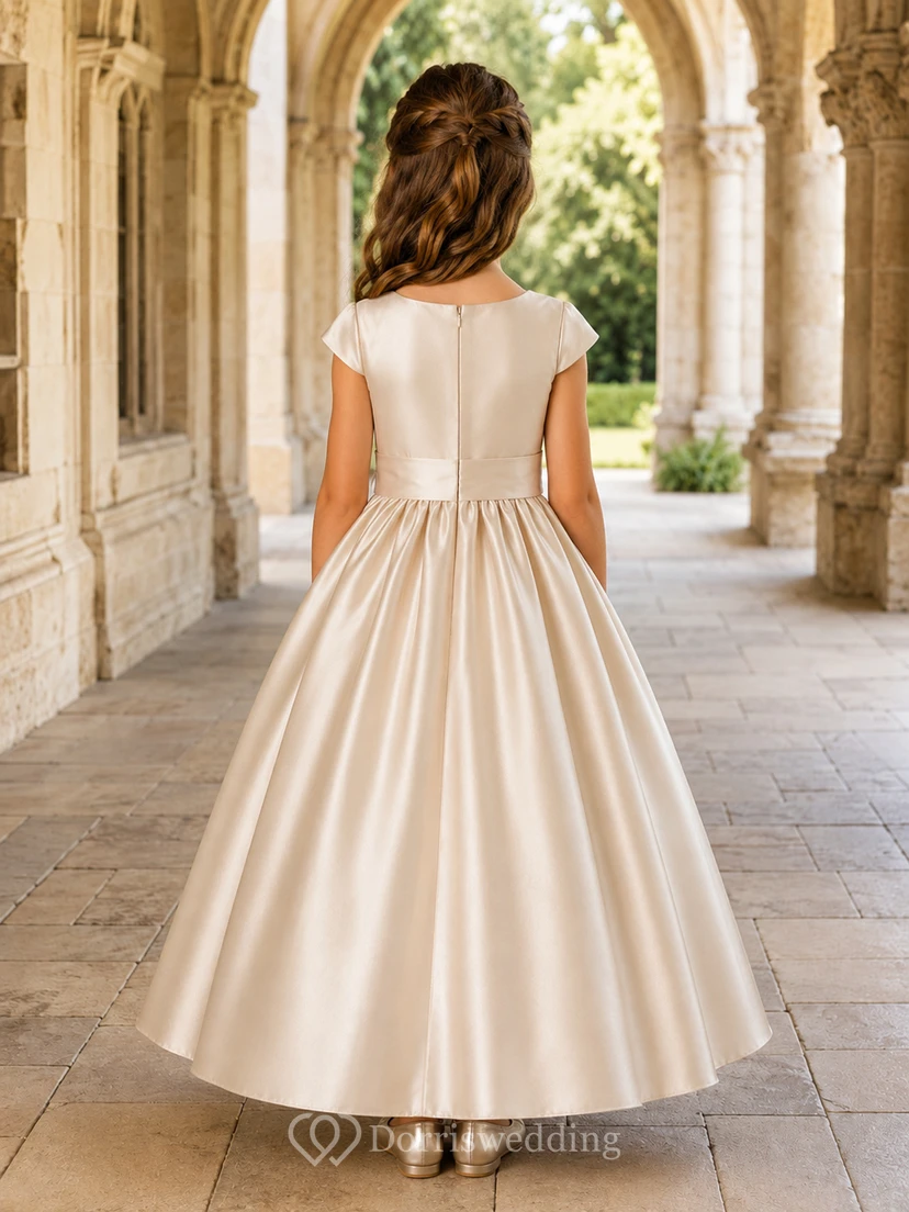 Plissiertes Satin-Blumenmädchenkleid mit Schärpe view 2