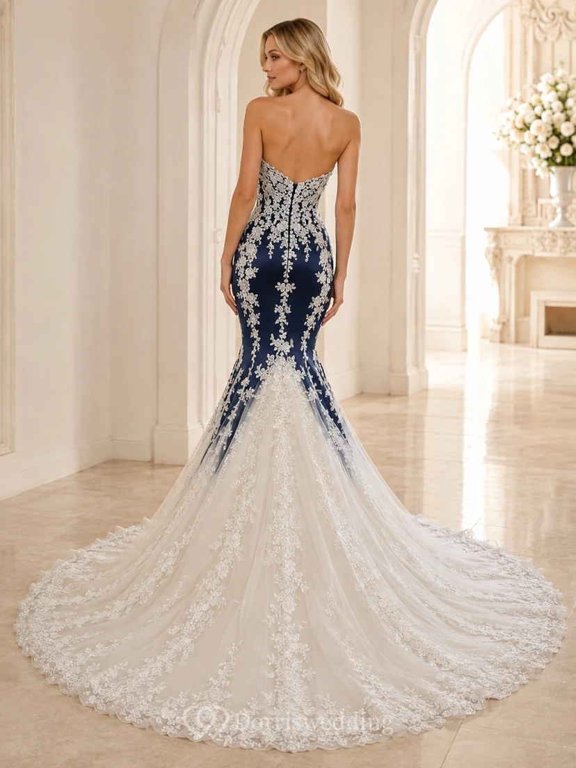 Marineblaues, aufwendig verziertes, ärmelloses Spitzen-Brautkleid mit Meerjungfrauen-Ausschnitt und elegantem Schnitt view 2