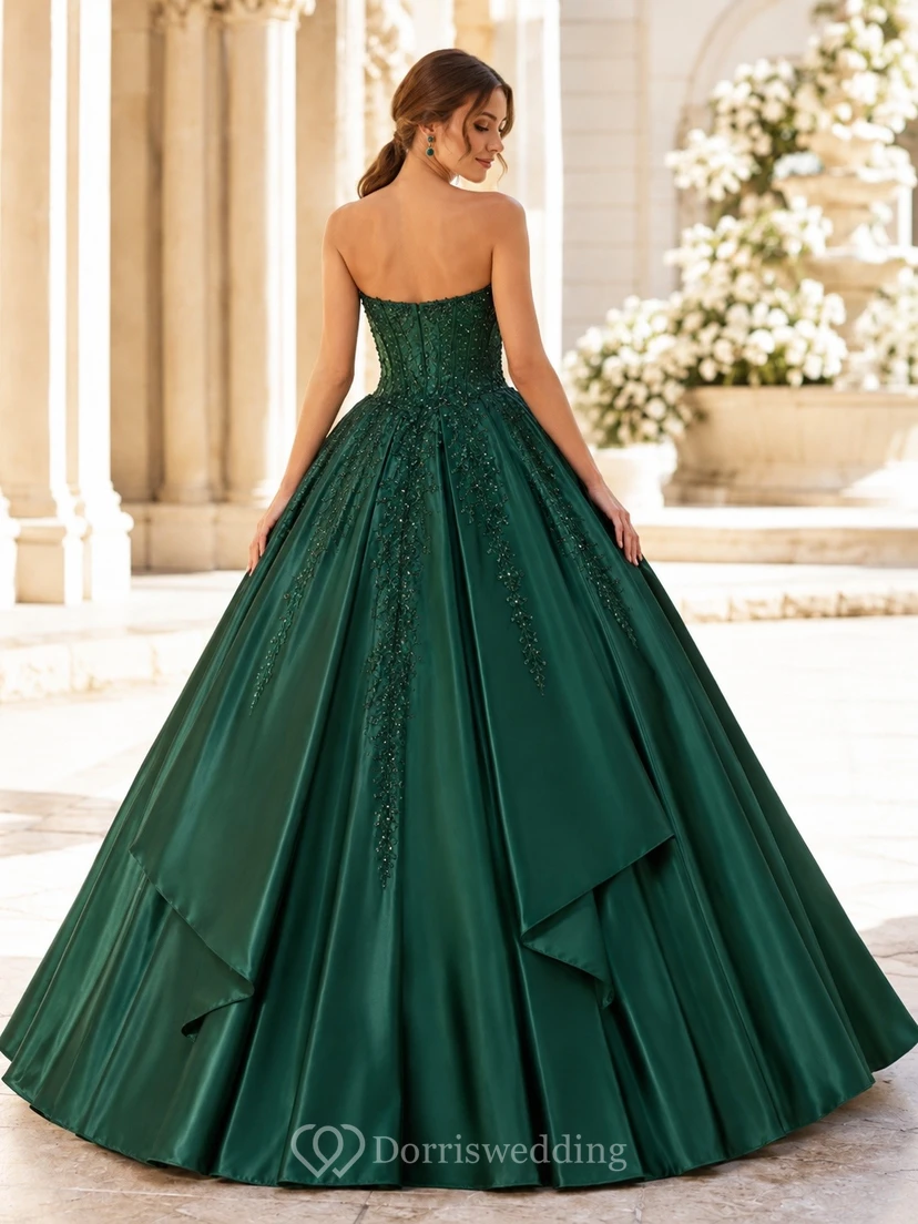 Strapless Dark Green Satin Layered Ball Gown Luxury Quinceanera Dress view 2