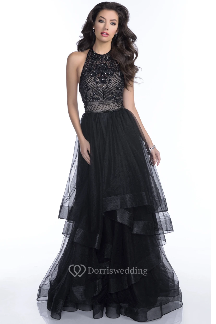 Ärmelloses, mehrlagiges Tüll-Abendkleid mit Strasssteinen und offenem Rücken view 3