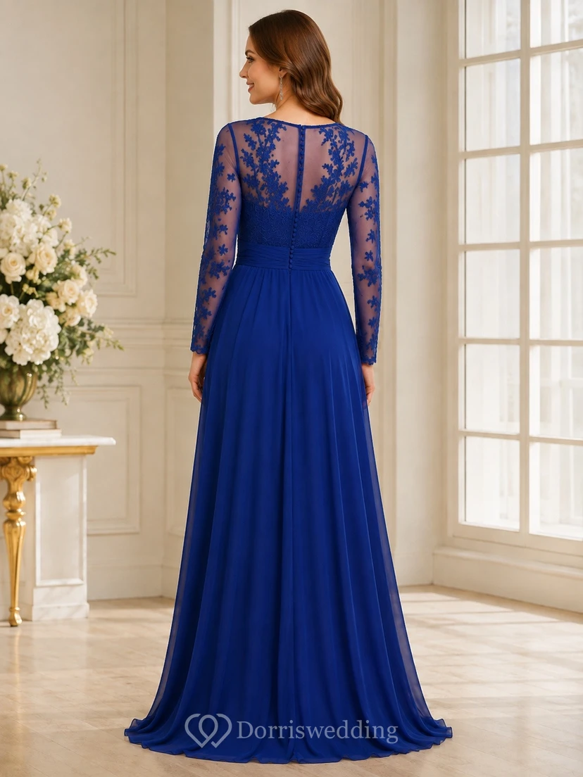 Royal Blue Lace Long-Sleeve V-Neck A-Line Floor-Length Dress view 2