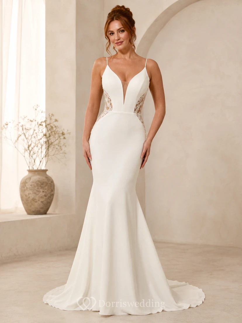 Stretch Satin Wedding Dress Mermaid V-Neck Sleeveless Sweep Train Open Back Bridal Gown