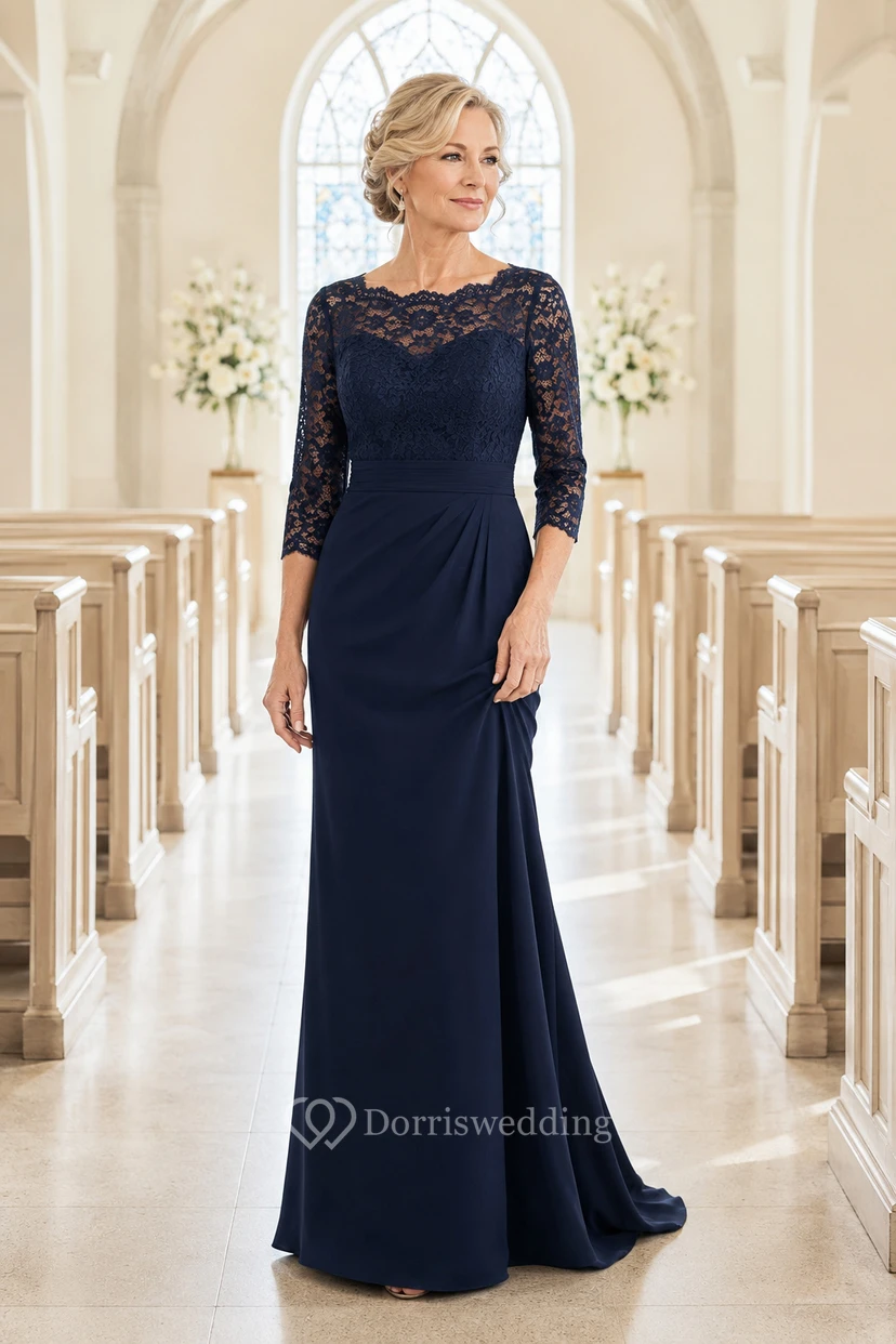 Dark Navy Lace Bodice Chiffon Sheath Mother Dress