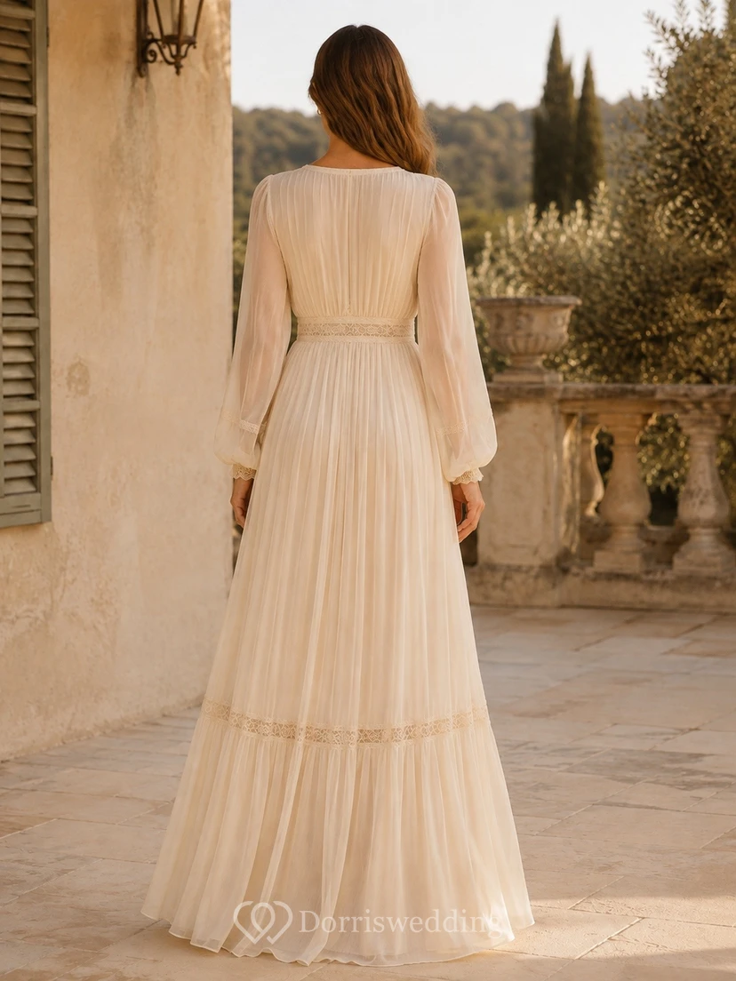 Cream Chiffon V-Neck Long Sleeve Tiered Floor-Length A-Line Bohemian Dress view 2