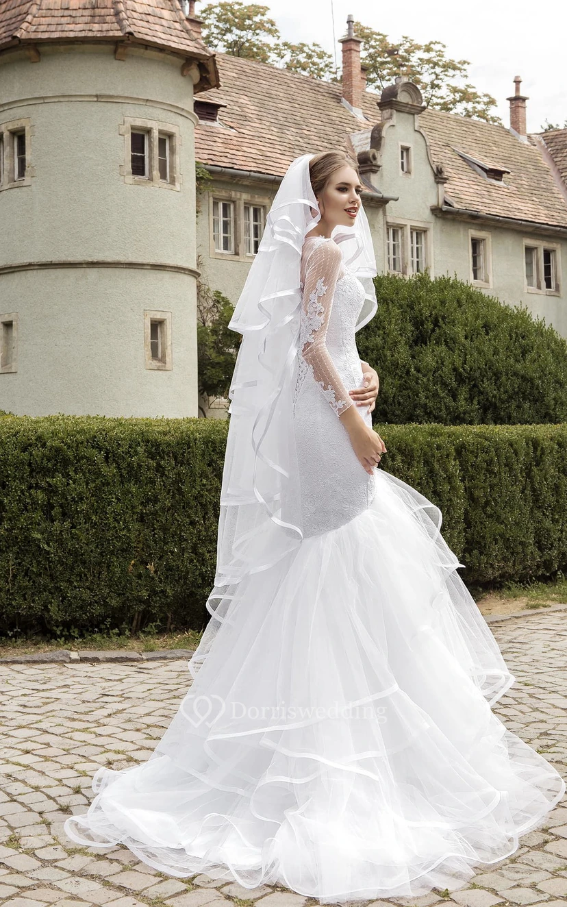 Illusion Long Sleeve Appliques Mermaid Dress  view 4