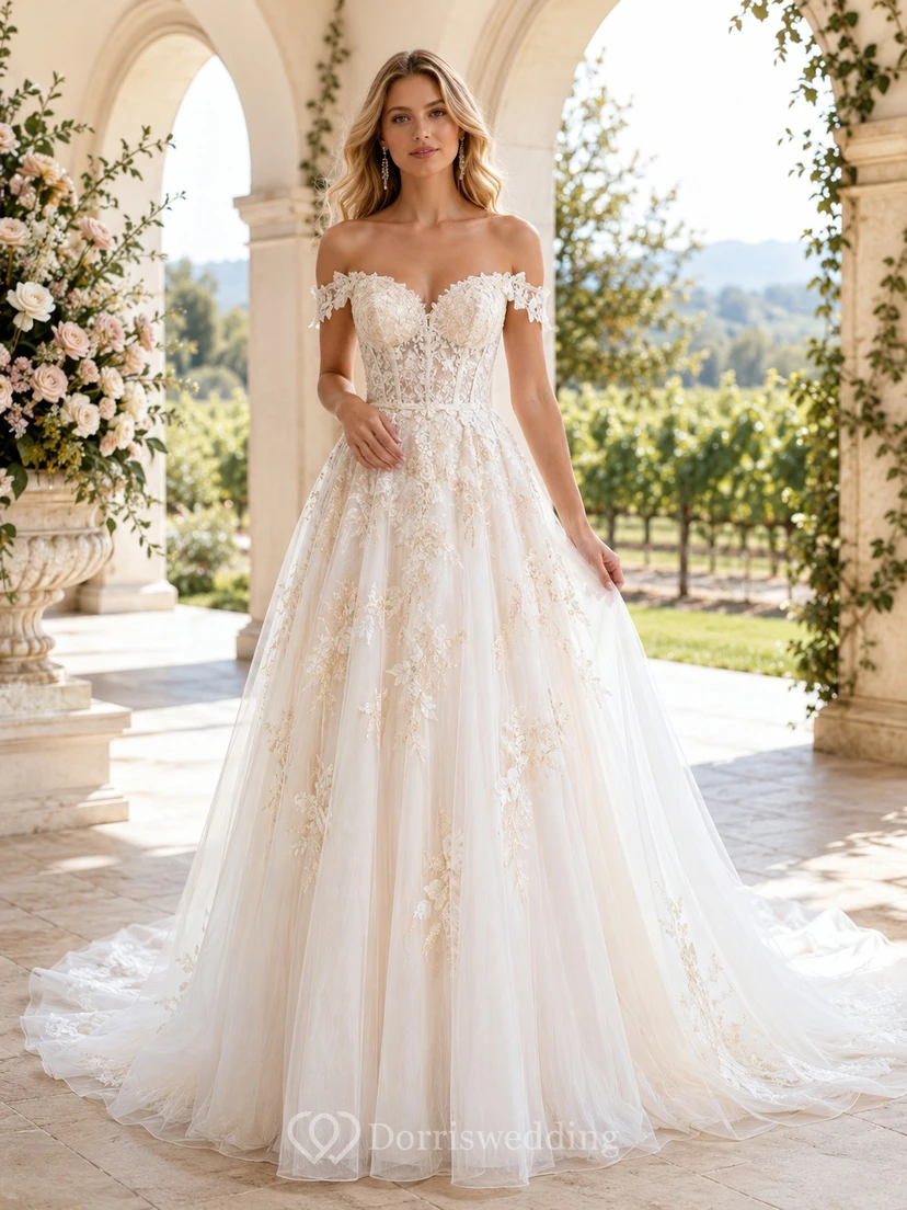 Champagnerfarbenes A-Linien-Brautkleid aus Spitze mit schulterfreiem Ausschnitt, kurzen Ärmeln und Kapellenschleppe