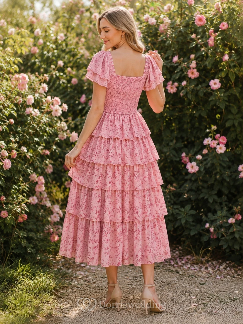 Floral Dusty Rose Square Neck Short Sleeve Tiered Chiffon Dress view 2