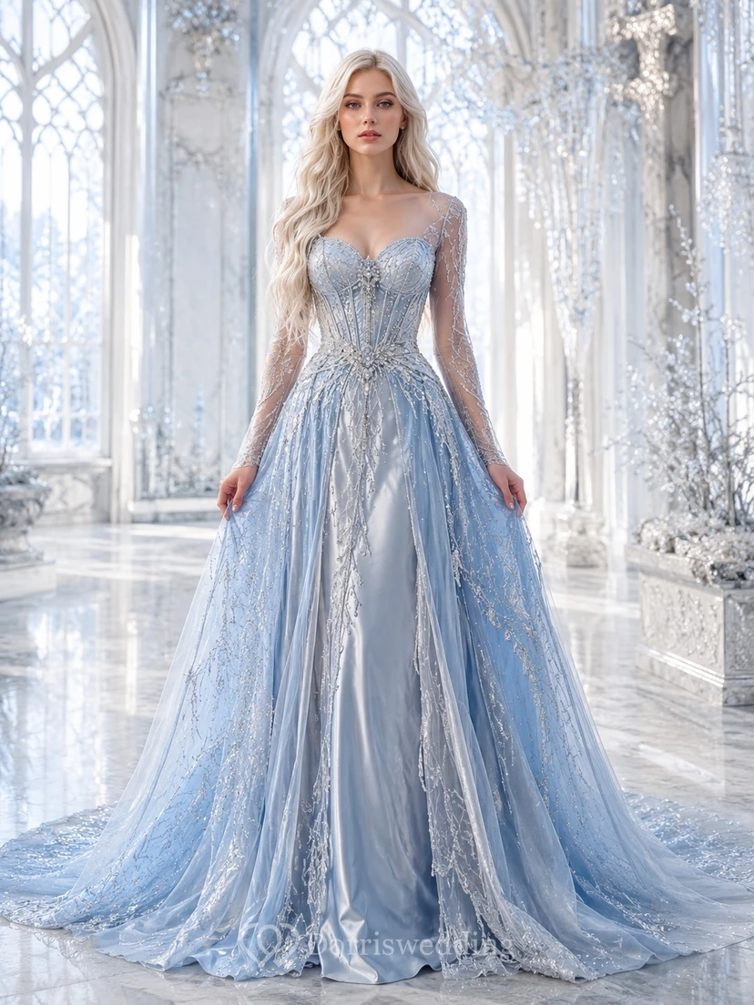 Robe de bal bleu ciel en tulle perlé, décolleté cœur et traîne chapelle, robe de soirée de luxe