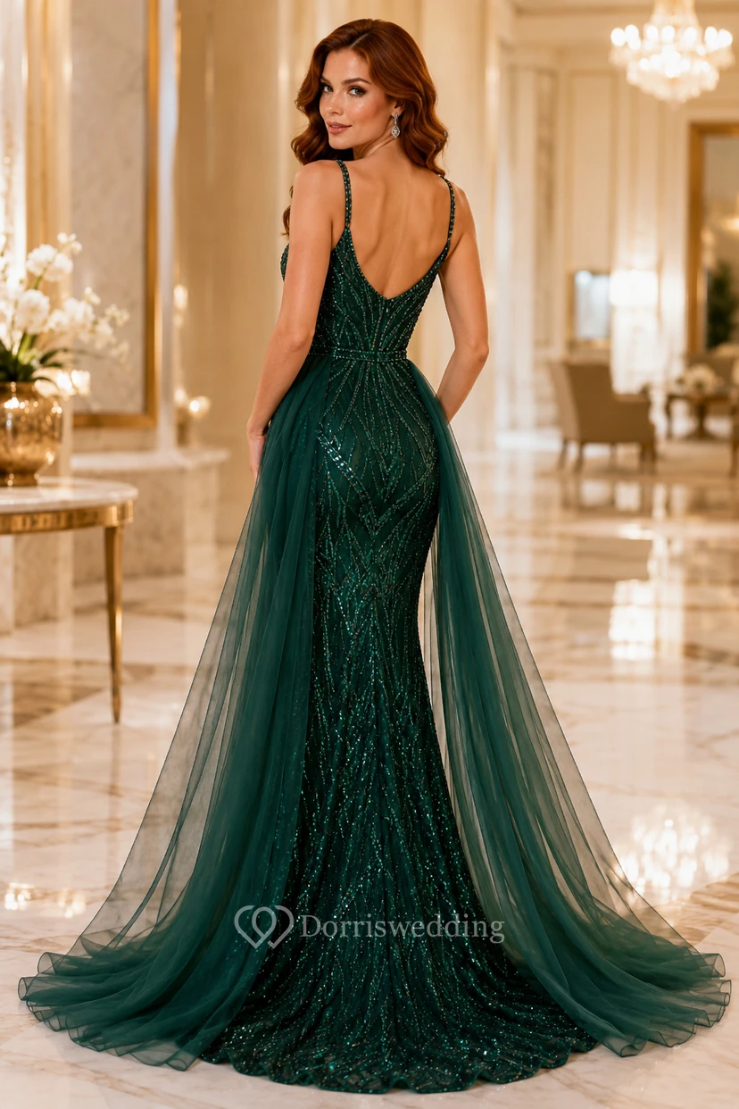 Dunkelgrünes, paillettenbesetztes Meerjungfrauen-Abendkleid mit tiefem V-Ausschnitt und abnehmbarem Tüllüberrock view 2