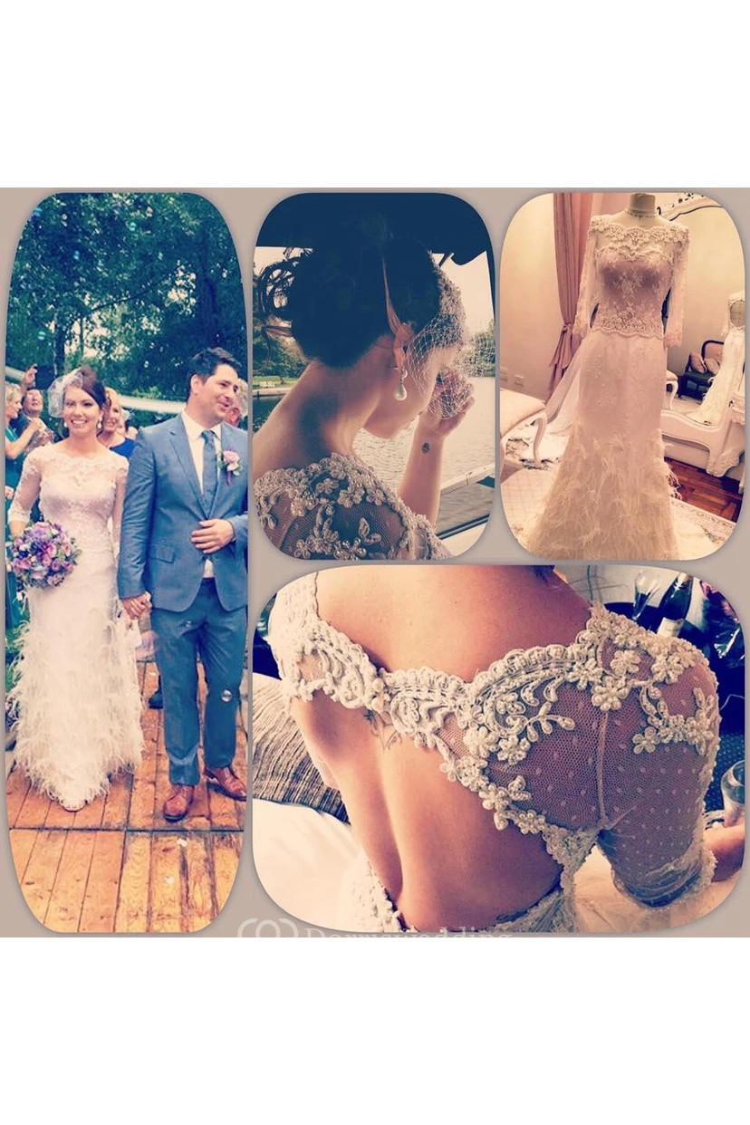 Gorgeous 3-4 Sleeve Fill Lace Wedding Dress Mermaid With Feather view 2