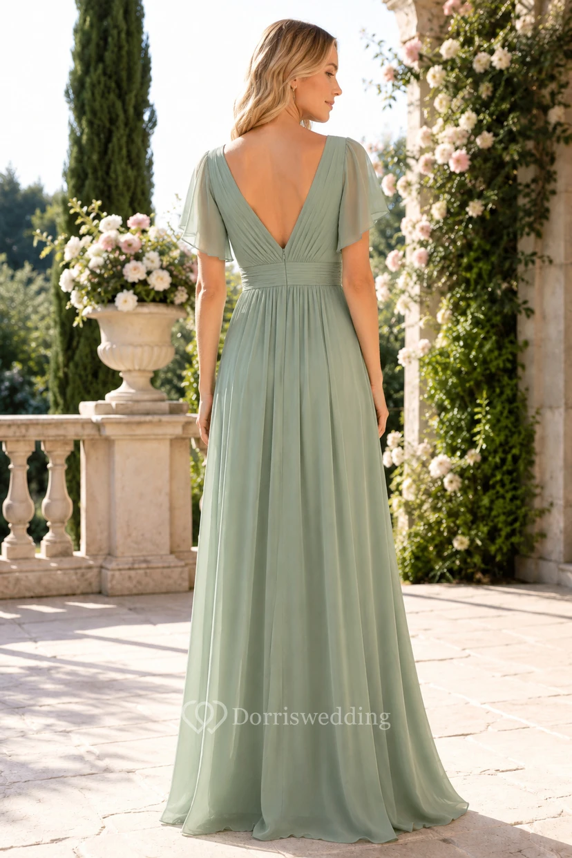 Evening Gown Sage Chiffon A-Line V-Neck Short Sleeve Floor Length view 2