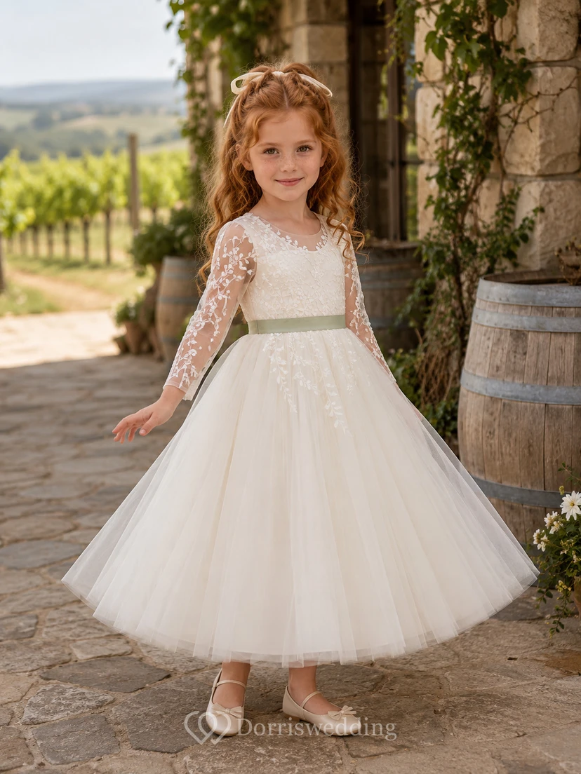 Ivory Tea-Length Ball Gown Flower Girl Dress with Long Lace Sleeves, Scoop Neck, Sage Bow and Button Back