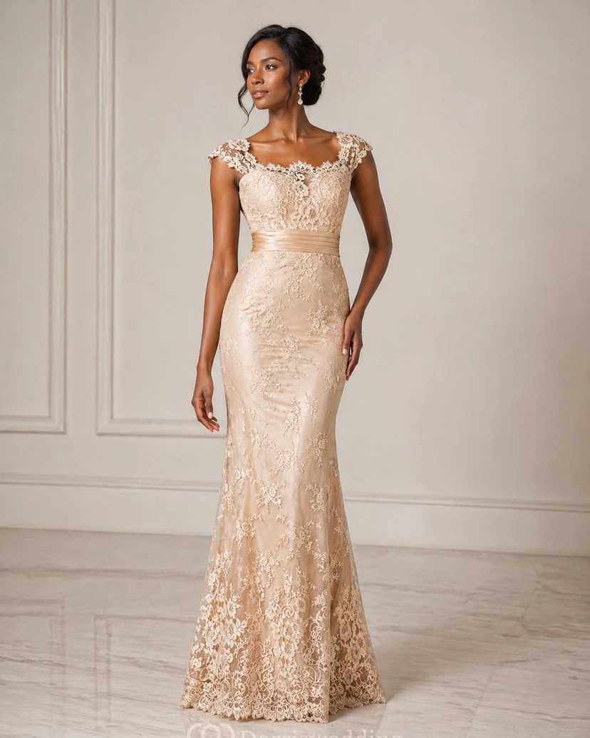 Cap-Sleeved Mother Of The Bride Dress With Appliques And Square Back view 6