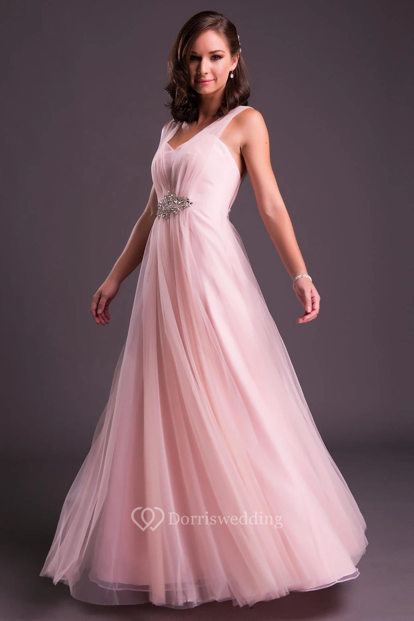 A-Line Sleeveless Floor-Length V-Neck Jeweled Tulle Prom Dress With Pleats