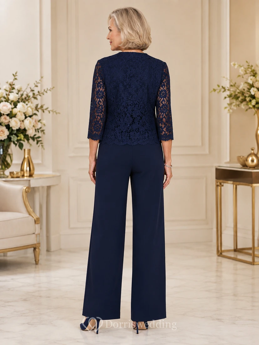 Dunkelblauer Spitzen-Jumpsuit von Mother mit passendem Spitzenjacken-Set mit Rundhalsausschnitt und gerader Hose view 2