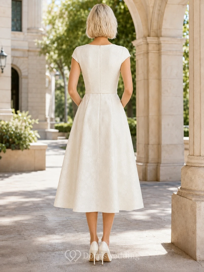 Vestido de novia sencillo de corte A, largo hasta la rodilla, escote en V, manga corta, estilo formal, para juzgado civil. view 2