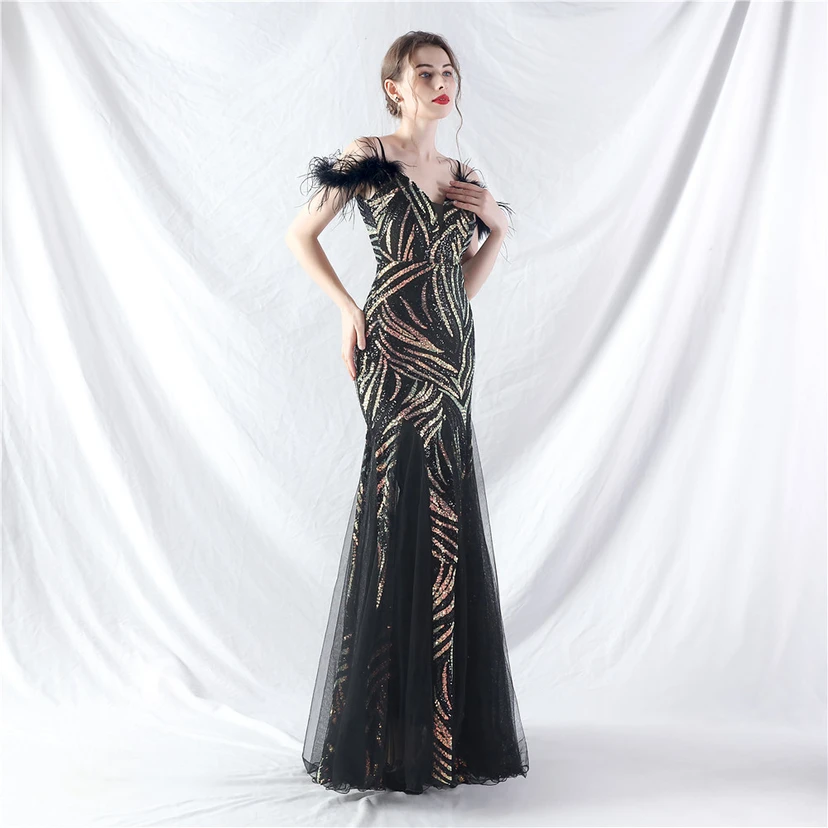 Crafted Ostrich Feather Stacked Sequins Splicing Mesh Gauze High-End Evening Dress Clothes view 13