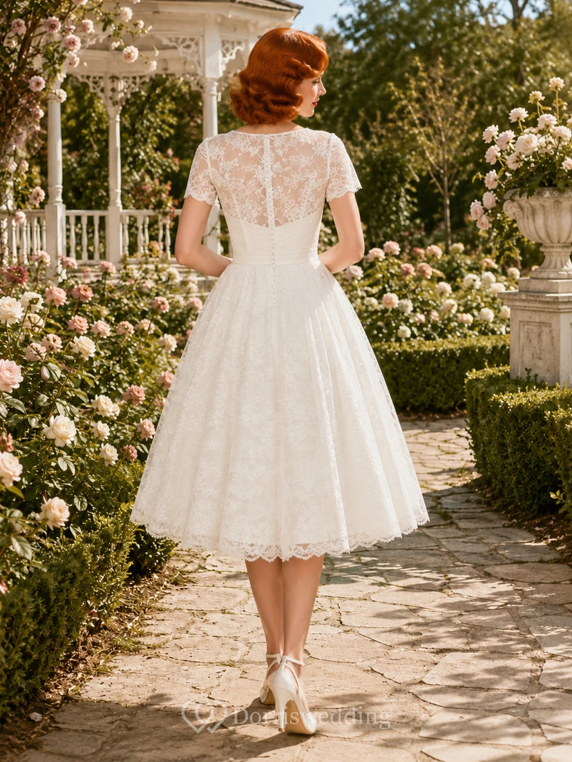 Vintage Lace Cap Sleeve Tea-Length A-Line Wedding Dress view 2