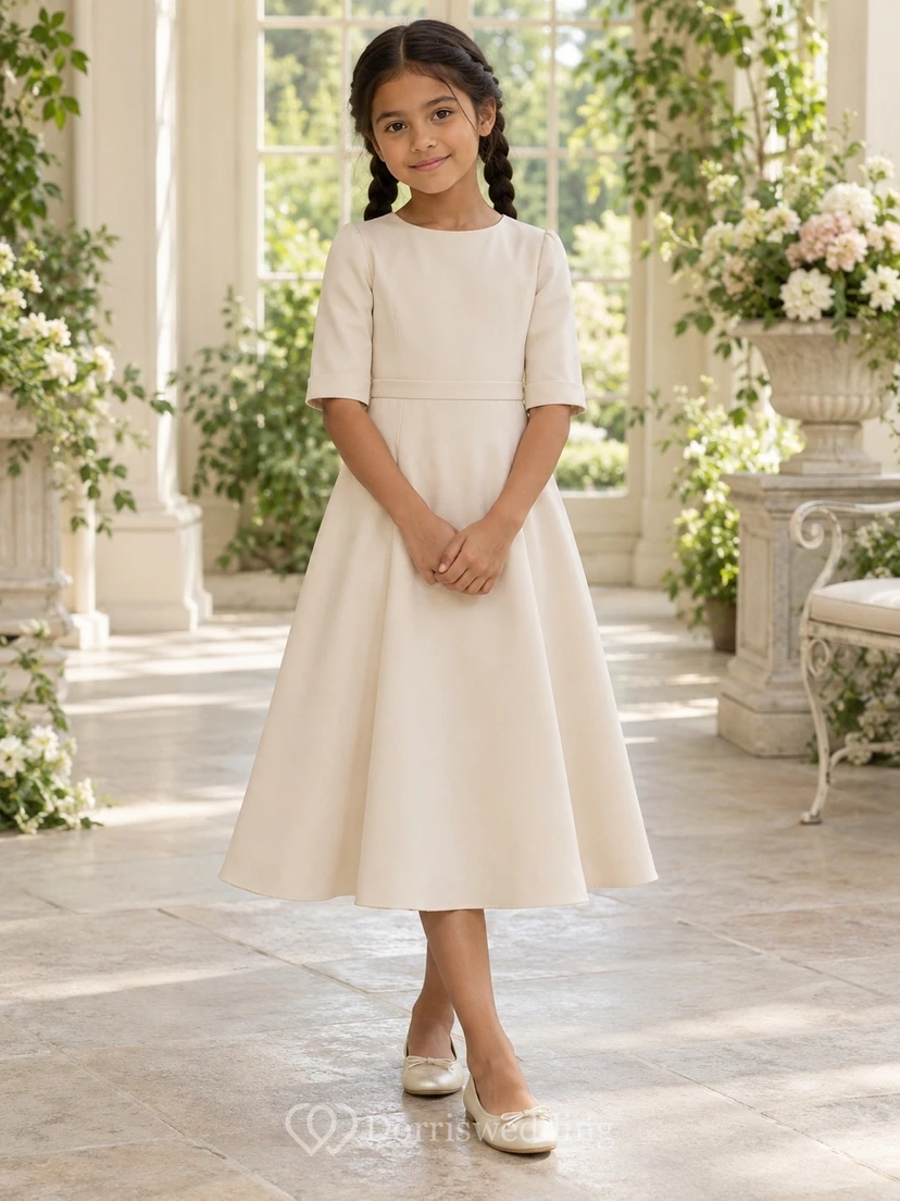 Simple Modest Tea-length Cream Jewel Cuffed Half-sleeve Narrow-waisted Zipper-back Flower Girl Dress
