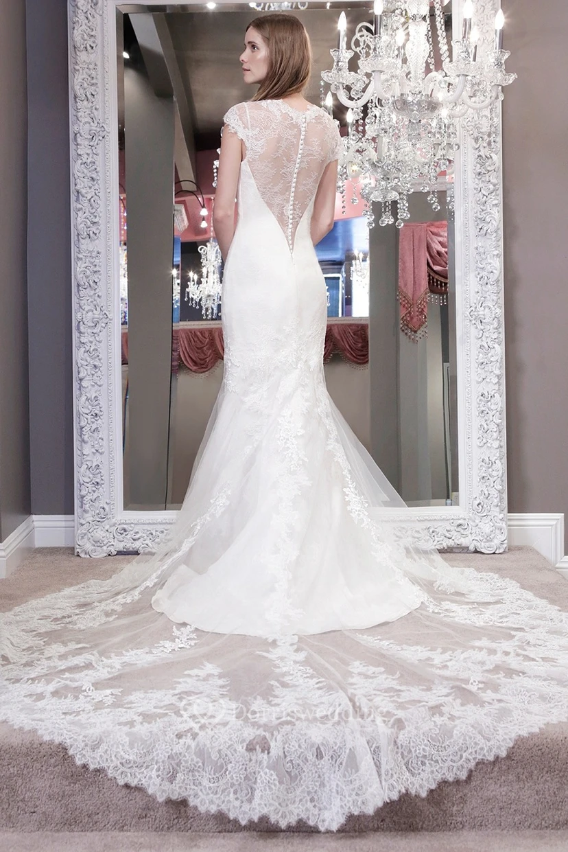 Trumpet V-Neck Cap-Sleeve Floor-Length Lace Wedding Dress With Appliques And Illusion view 2
