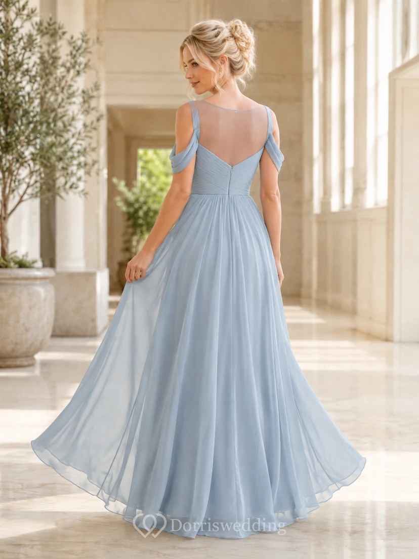 Himmelblaues, romantisches Brautjungfernkleid aus Chiffon mit herzförmigem Herzausschnitt, Blütenblattärmeln und A-Linien-Schnitt view 2