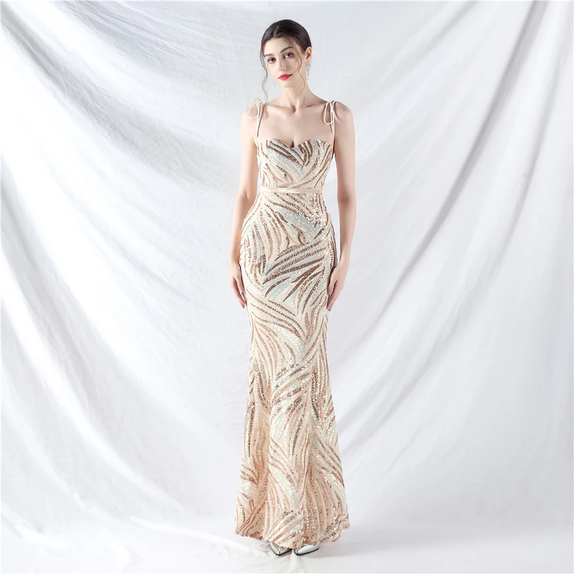Vestido de noche con tirantes, top tipo tubo y lentejuelas apiladas encriptadas, con método de doble atado de cuerda. view 50