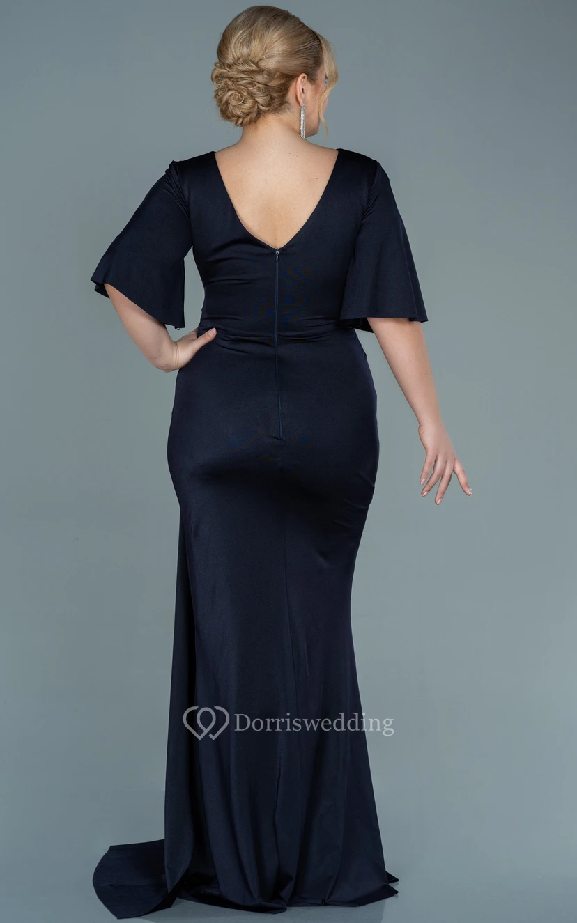 Charming V-neck Half-sleeve Sheath Mermaid Ruched Front Split Plus Size Evening Dress view 14