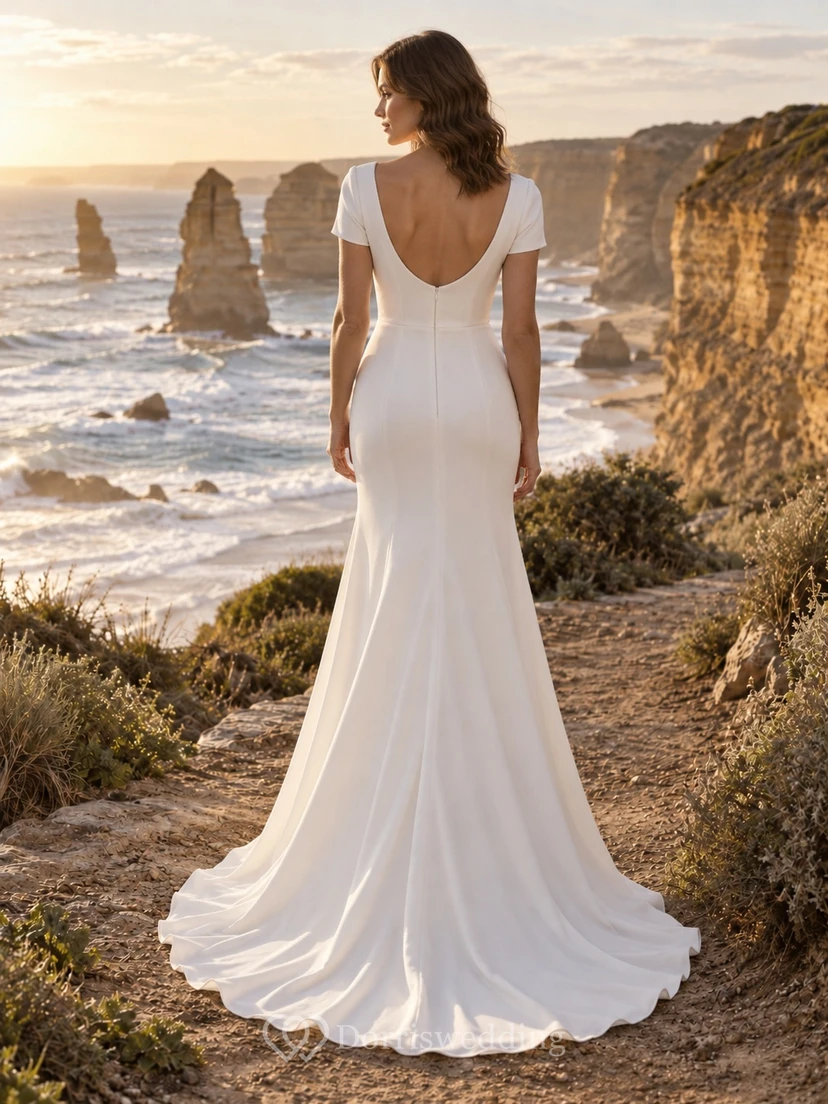 Schlichtes Brautkleid im Meerjungfrauenstil mit V-Ausschnitt, kurzen Ärmeln und Schleppe view 2