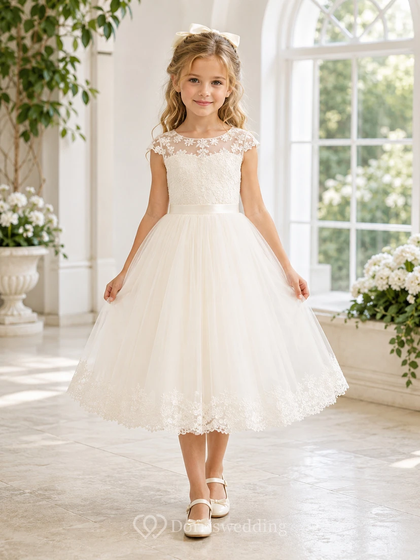 Vestido de niña de las flores, color marfil, encaje, tul, corte en A, cuello joya, largo hasta la rodilla.