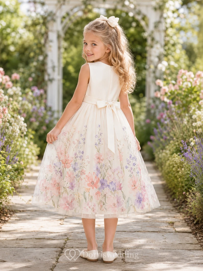 Aquarell-Blumenkleid für Blumenmädchen mit ärmellosem A-Linien-Oberteil, Tüllrock, bedrucktem Saum und Teelänge view 2