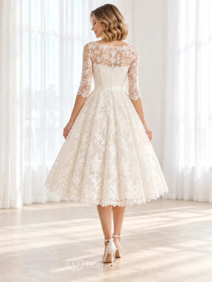 Tea-length Modest Bateau Half Sleeve Floral Lace A-line Wedding Dress view 2