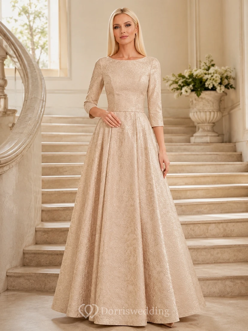 Champagne Textured Boat Neck Long Sleeve A-Line Floor-length Formal Dress