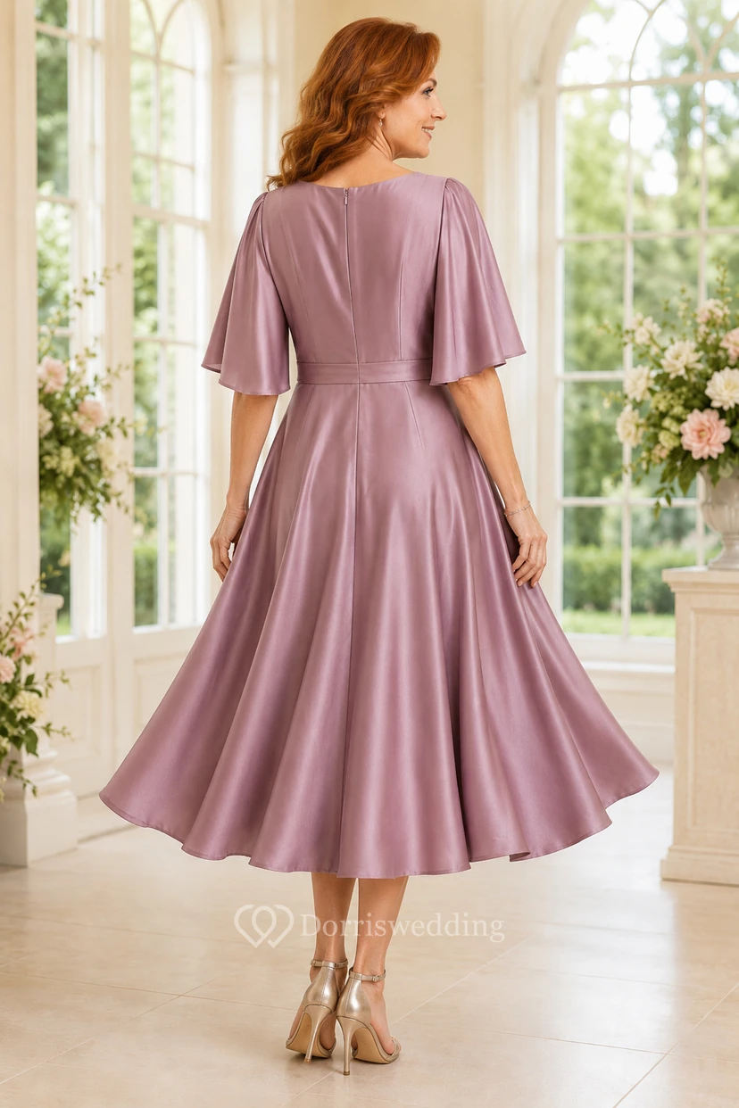Dusty Rose Satin Tea-Length Mother Dress with Flutter Sleeves view 2