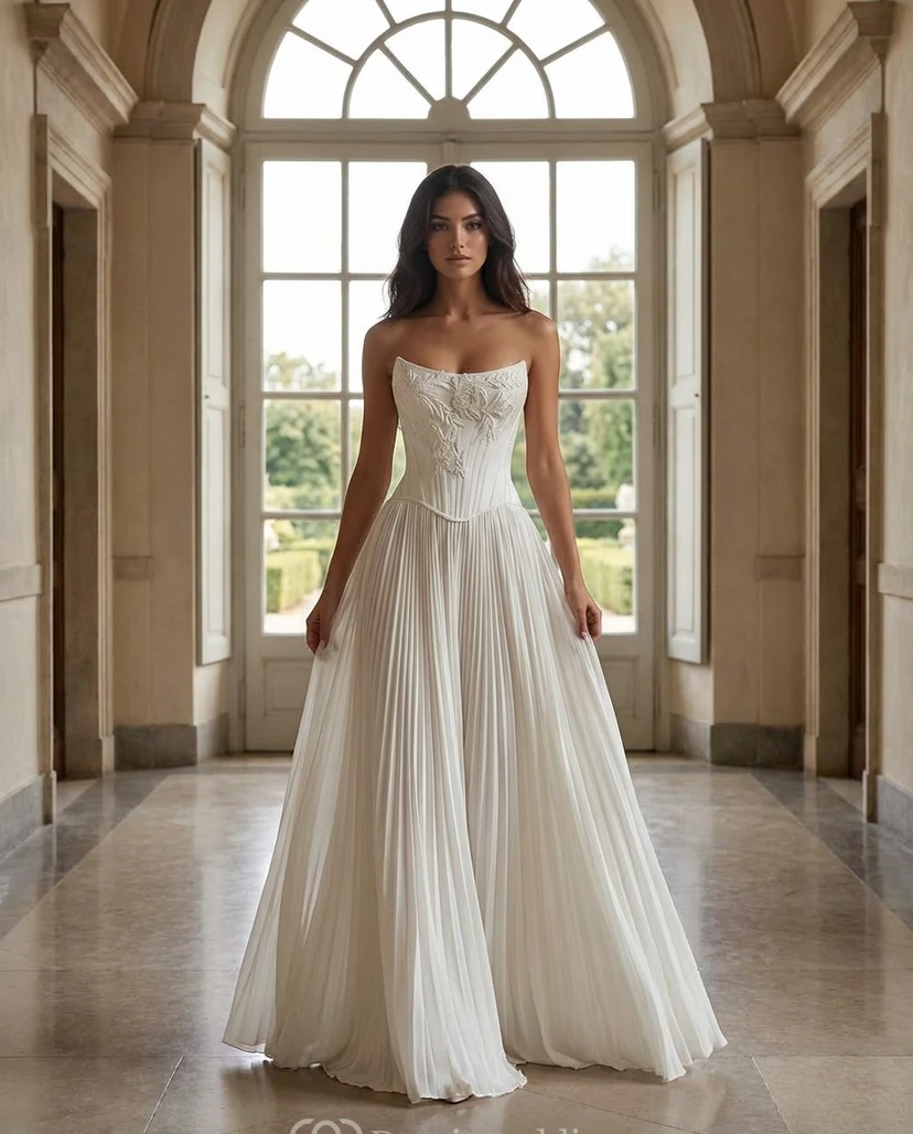 Vestido de novia sin tirantes, corte A, corsé, plisado, de gasa.