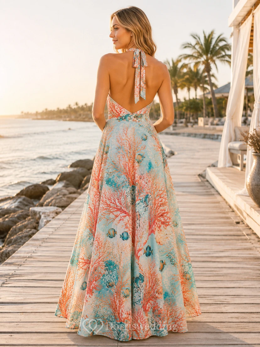 Coral Reef Print Halter Tie Back Resort Maxi Dress view 2