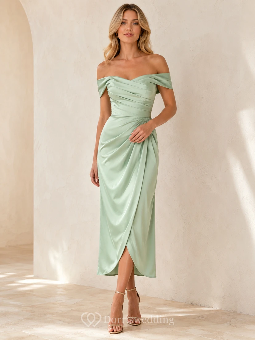 Mint Green Off Shoulder Draped Satin Midi Sheath Cocktail Dress