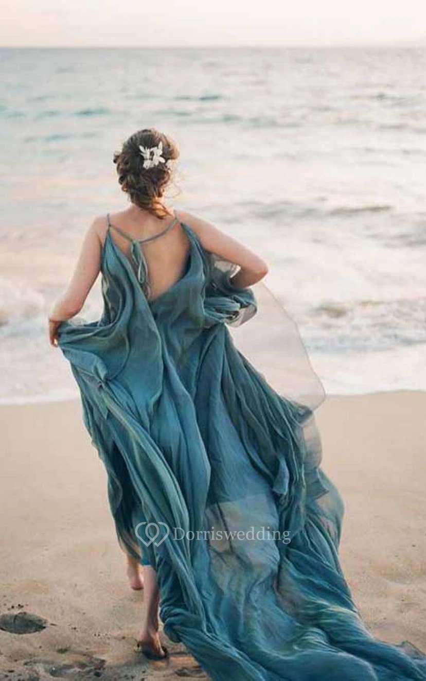 Vestido de dama de honor informal de boda, azul playa, de gasa, estilo imperio, plisado, con tirantes finos view 2
