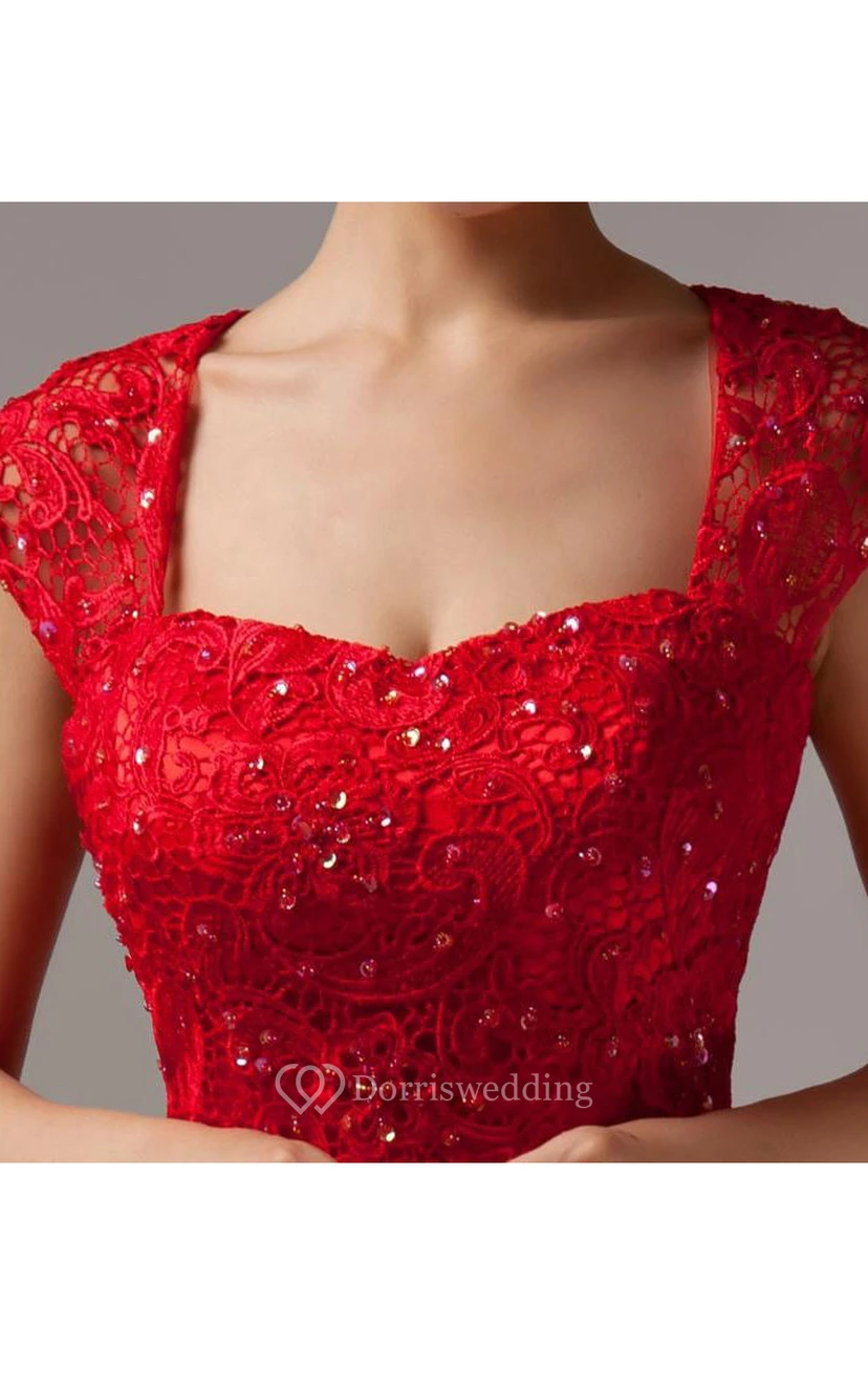 Elegant Short Sleeves A-Line Lace Floor Length Prom Dress view 4