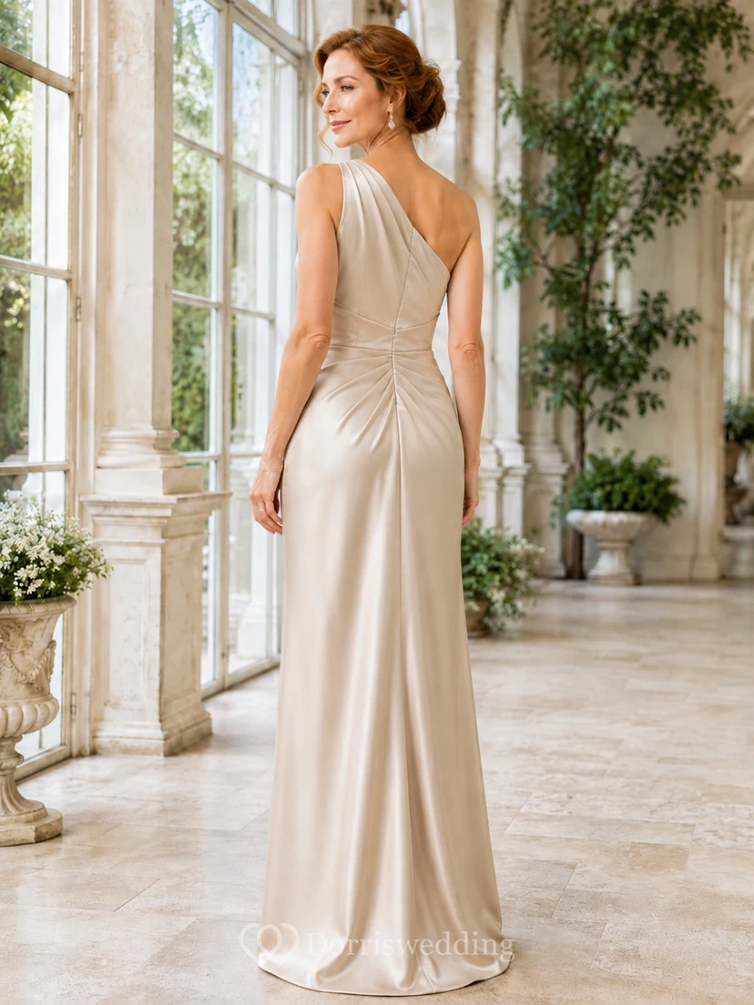 Champagne Modern One-Shoulder Satin Sheath Floor-Length Mother of the Bride Gown with Side Drape view 2
