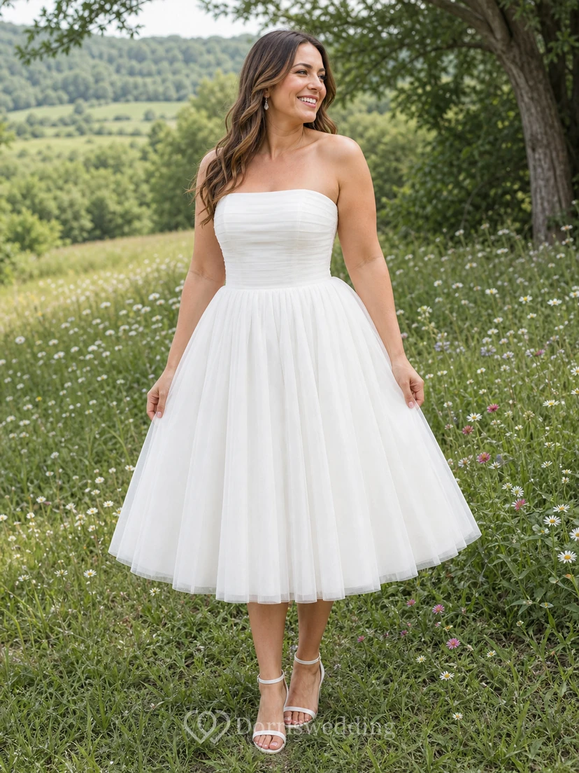 Tea-length Strapless A-line Simple Beach Ruched Casual Wedding Dress view 9