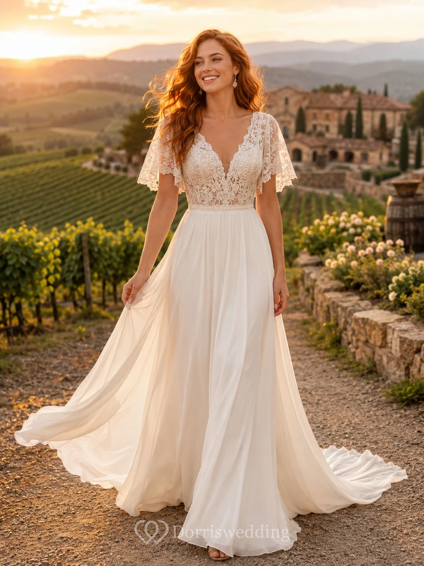 Vestido de novia campestre de gasa, corte A, escote corazón, mangas con volantes, largo hasta el suelo, espalda baja en V.