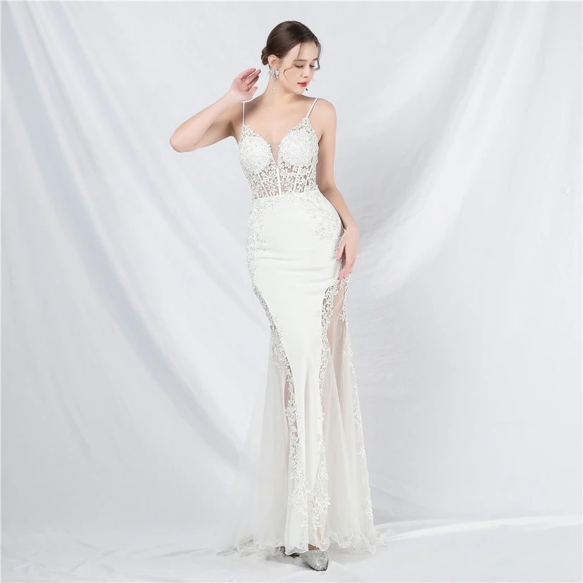 Spitzen-Abendkleid mit heißer Diamant- und Fischgrätenmuster-Weste, tiefem Taillenausschnitt, schulterfreiem Design und kurzer Schleppe view 83
