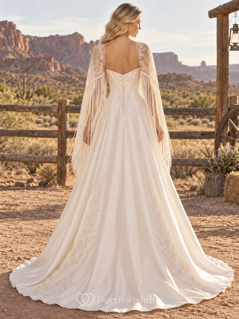 Country Boho Sweetheart A-Line Satin Wedding Dress with Leaf Lace Trails and Fringed Cape view 2