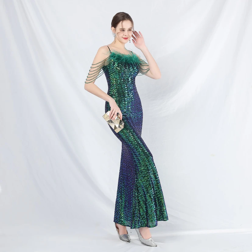 Craft Beaded Ostrich Feather Fantasy Sequined Long Evening Dress view 4