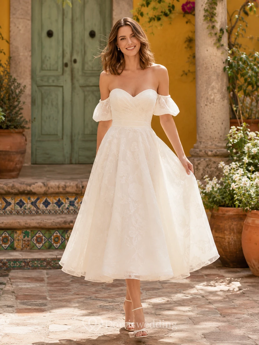 Vintage Romantic Off-Shoulder Puff Sleeve Tea-Length Civil Destination Wedding Dress