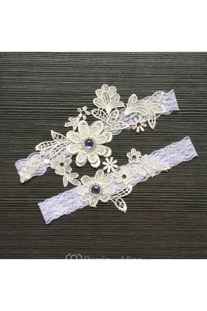 Western Style Blue Diamond Lace Elastic Two Sets Of Bridal Garter Within 16-23inch view 2