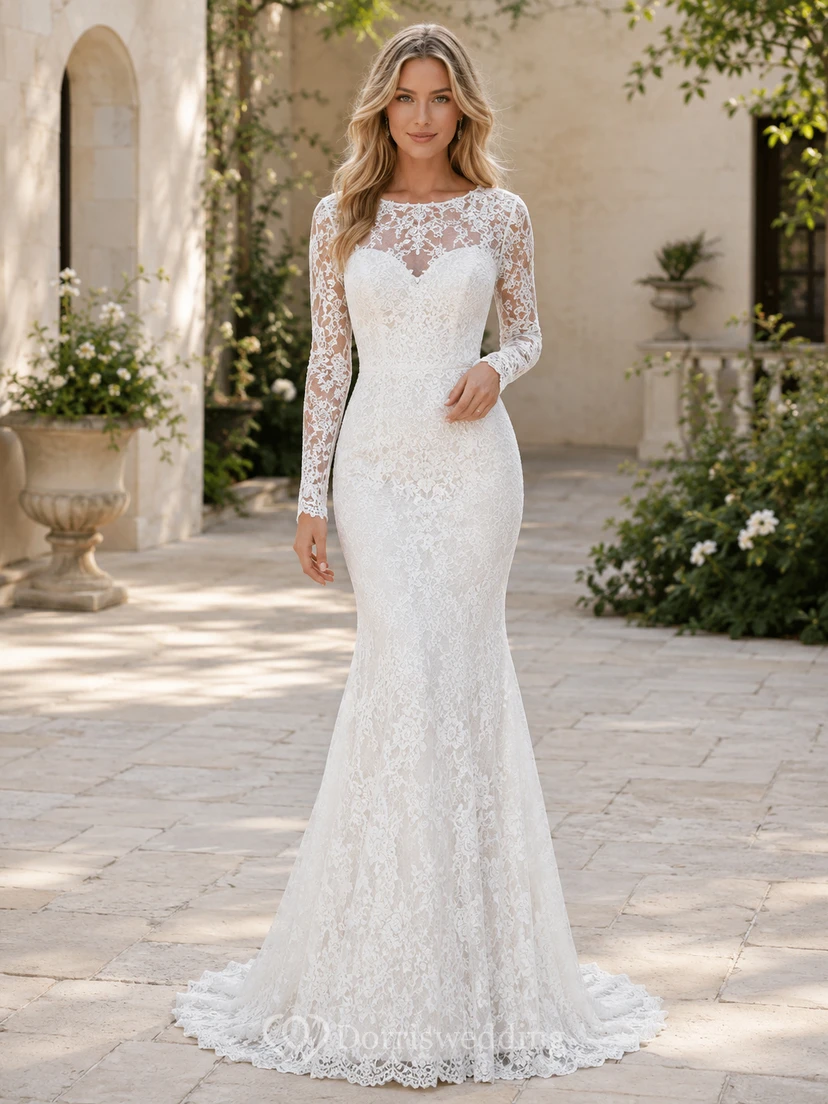 Robe de mariée sirène romantique à manches longues en dentelle et décolleté bateau