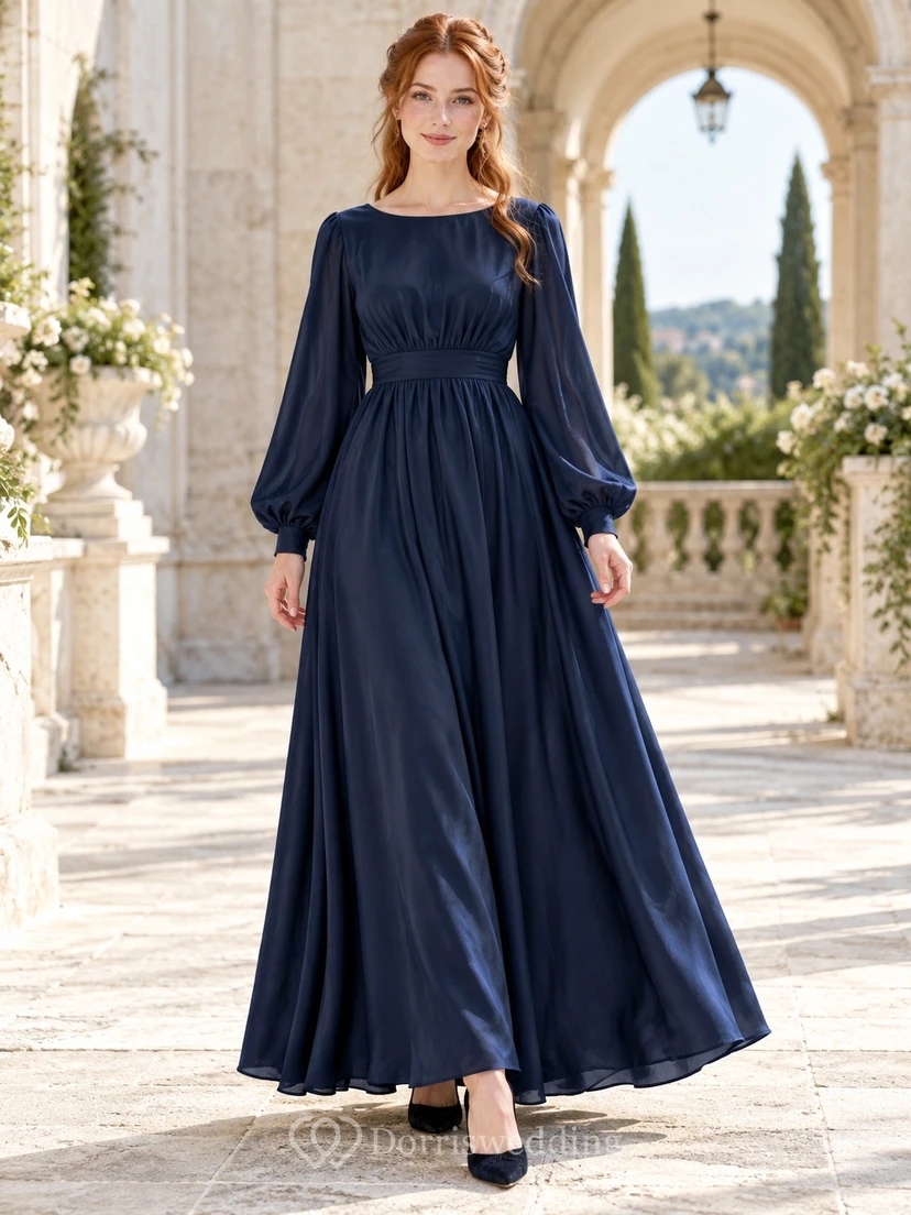 Robe de soirée vintage modeste bleu marine foncé à manches longues en mousseline froncée