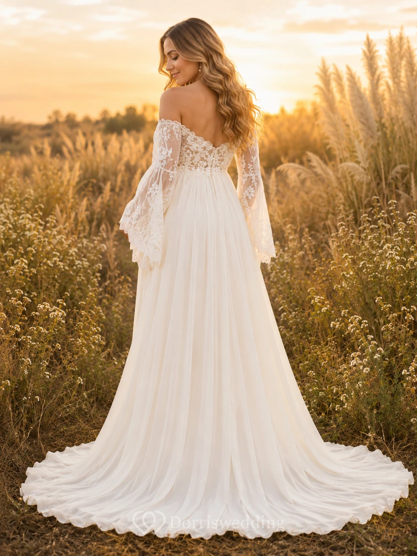 Vestido de novia de encaje campestre, corte en A, hombros descubiertos, manga larga, cola capilla, espalda descubierta. view 2